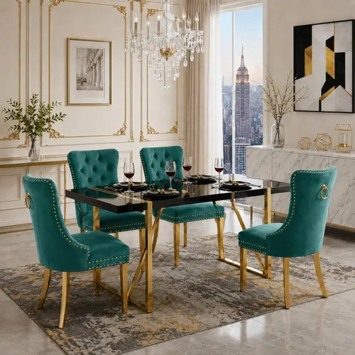 Miniatura 32 de Juego de mesa de comedor negra para 4, parte superior negra brillante de 55 pulgadas con patas de metal dorado, juego de mesa de comedor moderno
