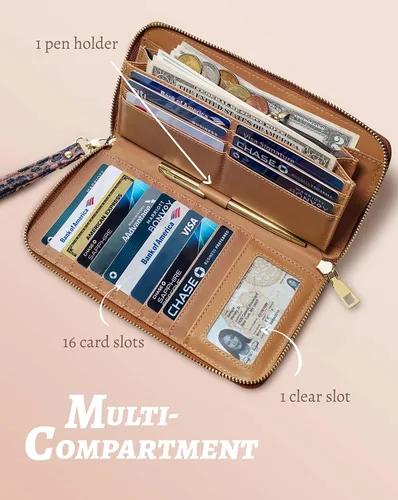Miniatura 6 de Yarnic Cartera de leopardo para mujer con tarjetero de crédito, bolsillos para dinero, correa de pulsera, carteras con clip para monedas, monedero