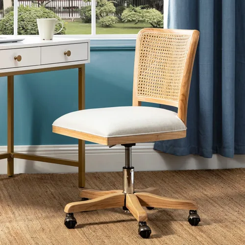 Silla moderna de oficina en casa, cómoda silla de escritorio tapizada sin brazos, silla giratoria ajustable para computadora con soporte de ratán