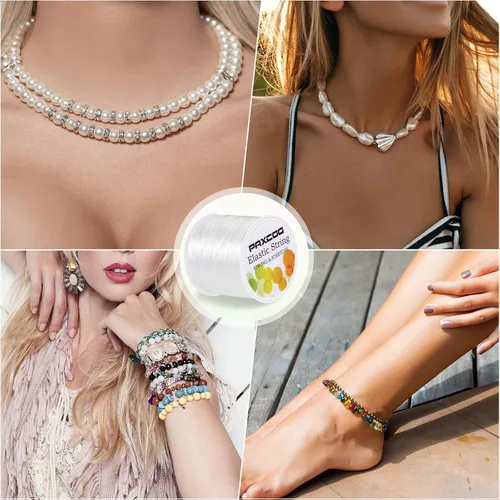 Miniatura 7 de PAXCOO 12 rollos de cuerda elástica para pulseras, cuerda mágica elástica para cuentas de pulsera, hilo de joyería para pulseras, collares, cuentas