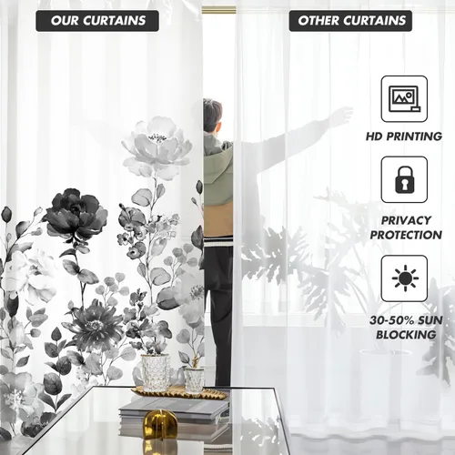 Miniatura 2 de Cortinas florales negras y grises de 42 pulgadas de ancho x 63 pulgadas de largo, flores silvestres en acuarela gris y blanco, flores silvestres