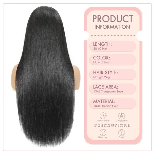Miniatura 5 de Pelucas de cabello humano lacio con encaje frontal transparente HD de 36 pulgadas y 13 x 6 pulgadas para mujer, densidad 200, sin pegamento