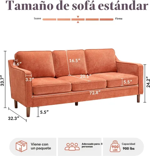 Miniatura 2 de Kingfun Sofá de felpilla de 80 pulgadas, sofá de 3 plazas, sofás modernos de mediados de siglo con patas de madera maciza para sala de estar