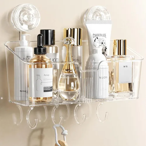 Miniatura 11 de LUXEAR Organizador de ducha con ventosa transparente – organizador de ducha + jabonera+soporte para cepillo de dientes – 1 segundo instalación sin