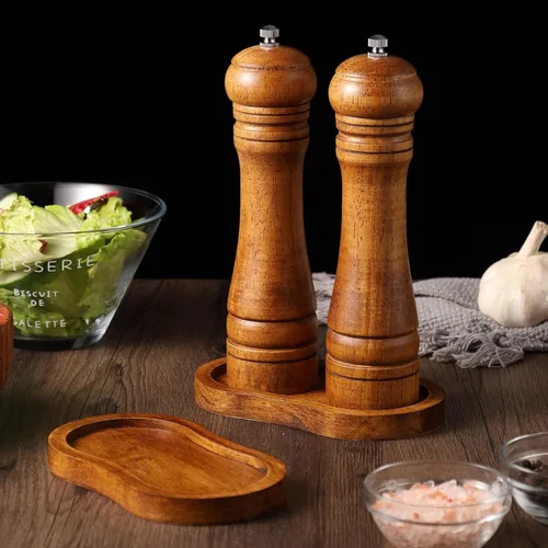 Miniatura 2 de Bandeja de molino de madera de sal y pimienta, soporte para molinillo de pimienta de color retro, superficie de trabajo y protector de mesa de G