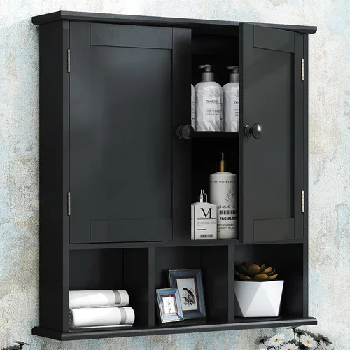 TaoHFE Gabinete de almacenamiento negro para baño sobre el inodoro, organizador de gabinete de medicina de pared con 2 puertas y estantes