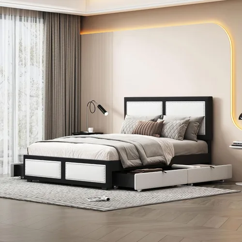 Miniatura 13 de Cama de plataforma tapizada de tamaño individual con barandilla, cabecera de almacenamiento y estribo, para niños, adolescentes y adultos, uso