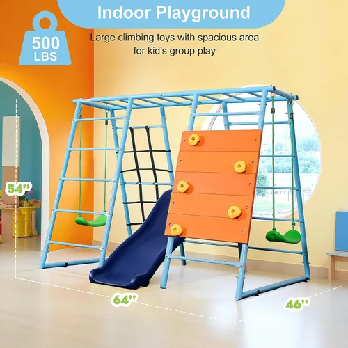 Miniatura 3 de Parque infantil interior 6 en 1, gimnasio de la selva de metal con pared de escalada, tobogán, barras horizontales, escaleras de cuerda y dos