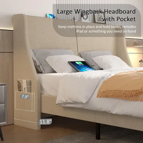 Miniatura 4 de VECELO Base de cama Queen con cabecera tapizada con respaldo alado, base de cama de plataforma resistente con estación de carga y bolsillos Beige
