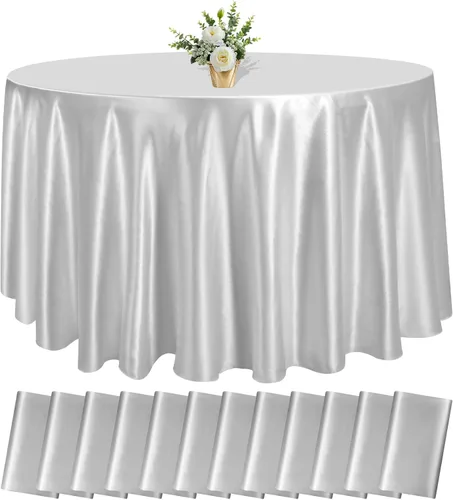 Paquete de 12 manteles de satén plateado de 108 pulgadas, mantel redondo sedoso brillante de alta calidad, cubierta de mesa de tela suave,