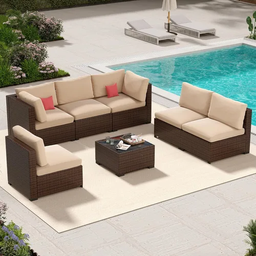 Miniatura 11 de LHBcraft Juego de muebles de patio de 7 piezas, seccionales para exteriores, tejido manual para todo tipo de clima, sofá seccional de mimbre de Ye-bk
