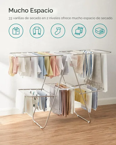Miniatura 3 de SONGMICS ULLR053W01V1 - Tendedero plegable de dos niveles para ropa, estante de secado de ropa para lavandería, secador de ropa independiente