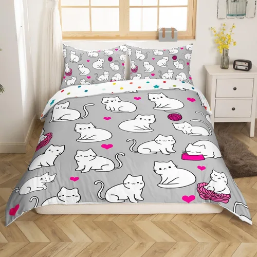 Miniatura 24 de Erosebridal Juego de funda de edredón con diseño de gato y fresa, tamaño individual, diseño de caricaturas, arcoíris, con temática de animales