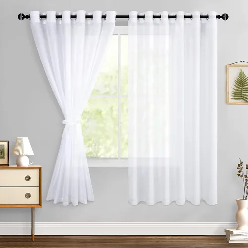 Miniatura 27 de Hiasan - Cortinas traslúcidas de gasa cortas semitransparentes con ojales y alzapaños filtrantes de luz para ventana, dormitorio, baño, 2 paneles