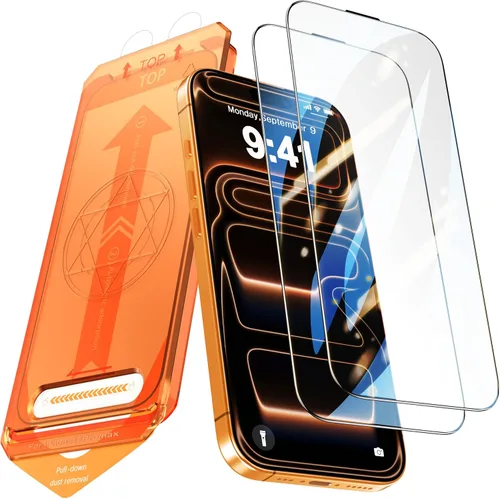 Miniatura 13 de Paquete de 2 protectores de pantalla para iPhone 15 Pro, dureza 9H, protector de pantalla de vidrio templado con kit de alineación automática