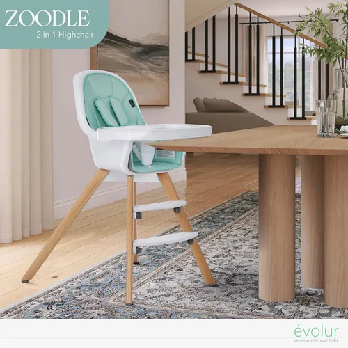 Miniatura 4 de évolur Zoodle - Silla alta 3 en 1 en color menta, silla de alimentación convertible de madera para bebé con bandeja extraíble apta