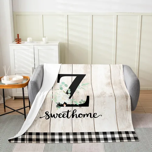Miniatura 32 de Erosebridal Flower Initial S Flannel Blanket White Floral Flowers Fleece Blanket,40"X50",Personalized Letters Fuzzy Plush Throw for Sofa Beige Negro