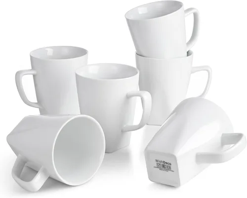 WishDeco Juego de 6 tazas de café blancas, tazas de café de cerámica de 14 onzas, tazas de té modernas, tazas de té de porcelana, taza grande para