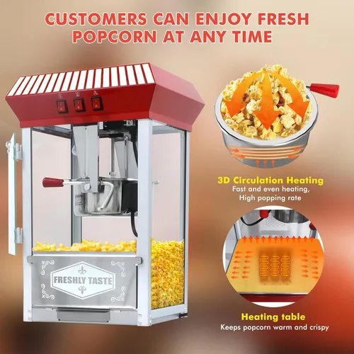 Miniatura 7 de Máquina comercial de palomitas de maíz con carrito y hervidor de 12 onzas, estilo vintage con ruedas de vidrio templado, plataforma de Rojo