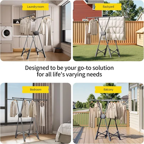 Miniatura 7 de BIREN Estante de secado de ropa resistente, estante plegable para ropa sucia, dos modos de secado, estantes para secar ropa, longitud ajustable