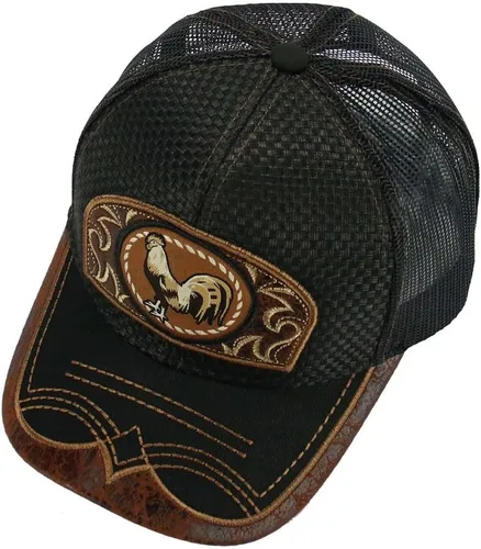 Miniatura 6 de Gorra de béisbol curvada de malla de camionero bordada estilo occidental de México con diseño de gallo