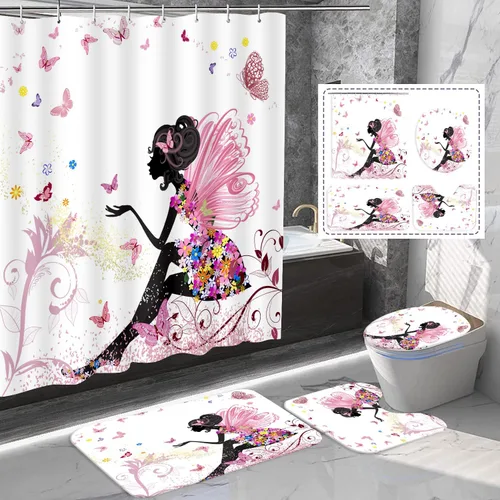 Juego de 4 cortinas de ducha con diseño de hada de flores y mariposas para baño, tapete de contorno para baño, cubierta de inodoro, tela