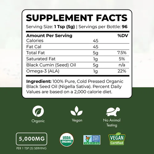 Miniatura 2 de Aceite de semilla negra orgánico - Certificado USDA prensado en frío en botella de vidrio con más del 1.5% de timoquinona, 3 veces más fuerte