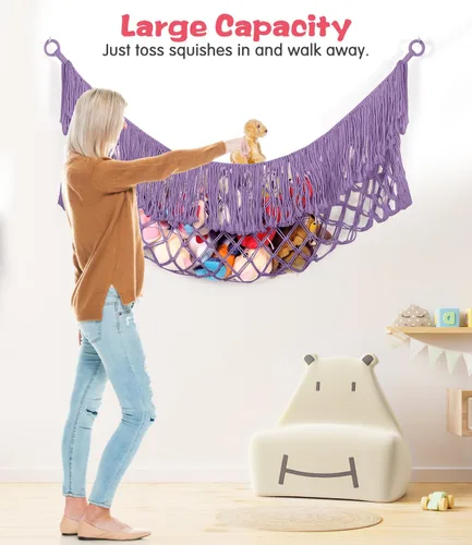 Miniatura 3 de Hamaca extra grande de red para animales de peluche – [56 pulgadas de largo/macramé tejido a mano/lavanda] Hamaca de almacenamiento para pared