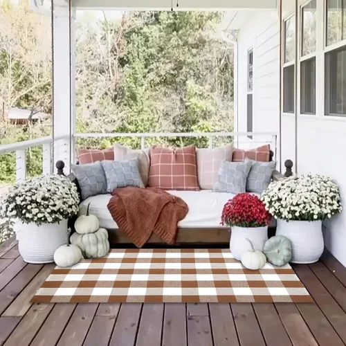 Miniatura 7 de Homydecor - Alfombras de lana a cuadros de búfalo para exteriores de 28'' x 43'', alfombra de área a cuadros café y blanco, alfombra para superponer