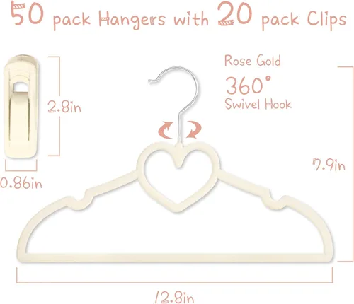 Miniatura 3 de Perchas de terciopelo beige con forma de corazón, paquete de 50 perchas para niños pequeños de 13 pulgadas con 20 clips, ultra delgadas y apilables