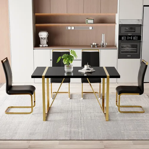Miniatura 2 de Moderno juego de mesa de comedor para 4, juego de mesa de comedor dorado de 55 pulgadas con 4 sillas de piel sintética negra, mesa de madera negra