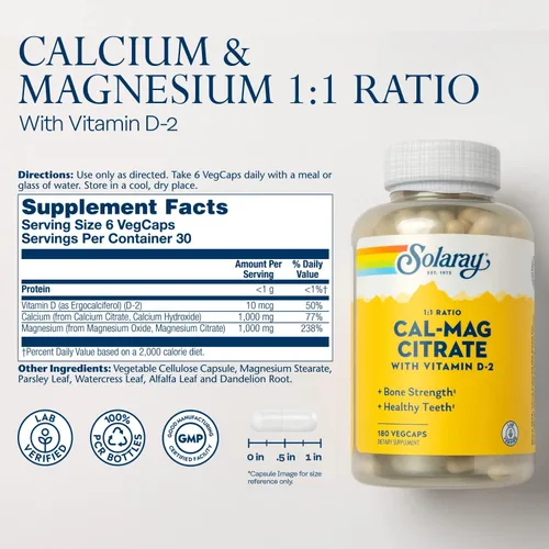 Miniatura 2 de SOLARAY Citrato de calcio y magnesio proporción 1:1 con vitamina D 2 - Suplementos de calcio para mujeres y hombres - Calcio 1000 mg, magnesio 1000