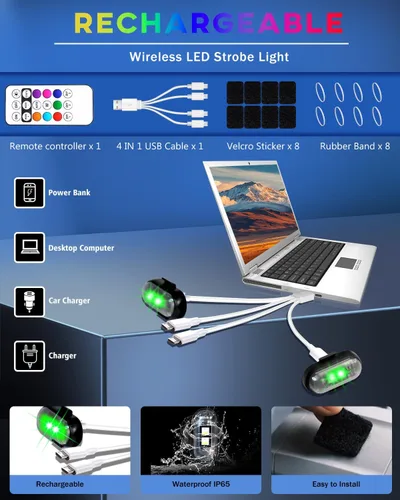 Miniatura 8 de Luces estroboscópicas LED inalámbricas con control remoto, luces de advertencia anticolisión recargables por USB, impermeables, luces LED