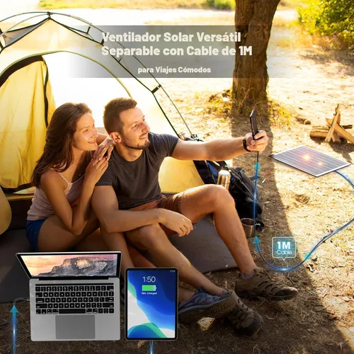 Miniatura 7 de JINLICTE Ventilador solar de 10400mAh con linterna LED, ventilador de camping con panel solar, ventilador solar recargable de 7W para exteriores