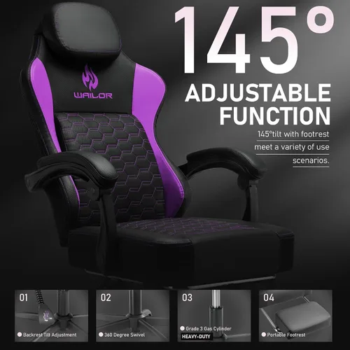 Miniatura 7 de WAILOR Silla de juegos con cojín de resorte de bolsillo, silla de computadora de videojuegos con reposapiés para adultos, silla de cuero