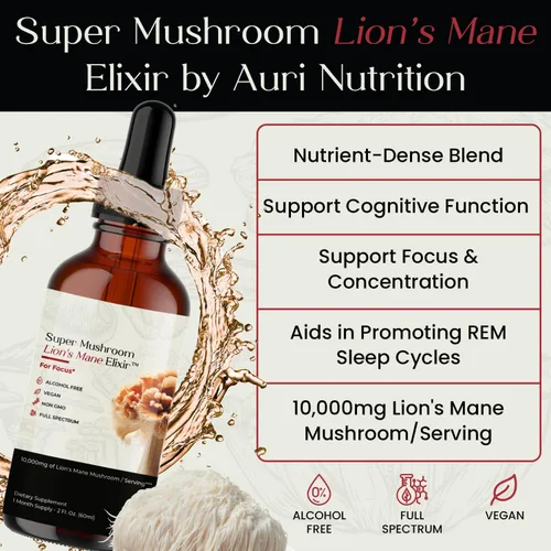 Miniatura 3 de Auri Elixir líquido de melena de león - Suplementos cerebrales para la memoria y la concentración con hongos funcionales - Suplemento de melena
