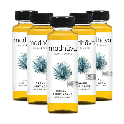 MADHAVA Agave ligero orgánico | Néctar de agave azul orgánico 100% puro | Edulcorante natural, alternativa al azúcar | Vegano | Orgánico | Sin OMG |
