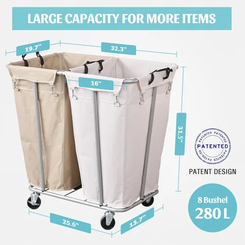 Miniatura 6 de PLKOW Carrito de lavandería con ruedas, clasificador de lavandería grande de 280 L, 2 secciones para comercial/hogar, carrito de lavandería