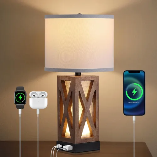Miniatura 9 de Lámpara de mesa de madera con 3 temperaturas de color, lámpara de mesa de noche con salida de CA, puerto de carga USB A y C, lámpara de noche