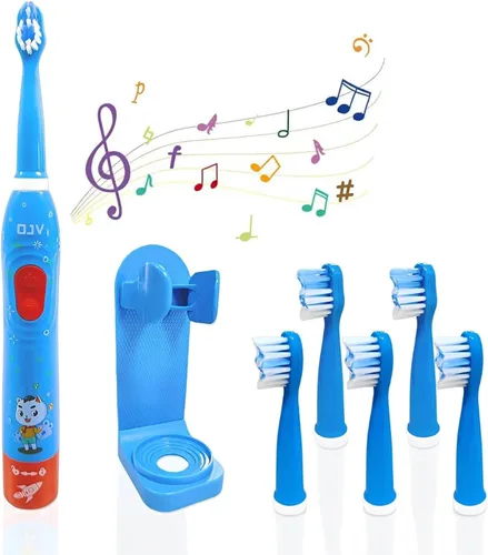 Miniatura 10 de OJV 8620 Cepillos de dientes eléctricos musicales para niños, 3 modos de temporizador de 2 minutos, 6 cerdas recargables de energía inteligente, Azul