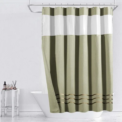 Miniatura 22 de Yimobra Juego de cortinas de ducha de tejido gofre con forro de tela a presión, tela pesada con 12 ganchos, impermeable y lavable, ventana superior