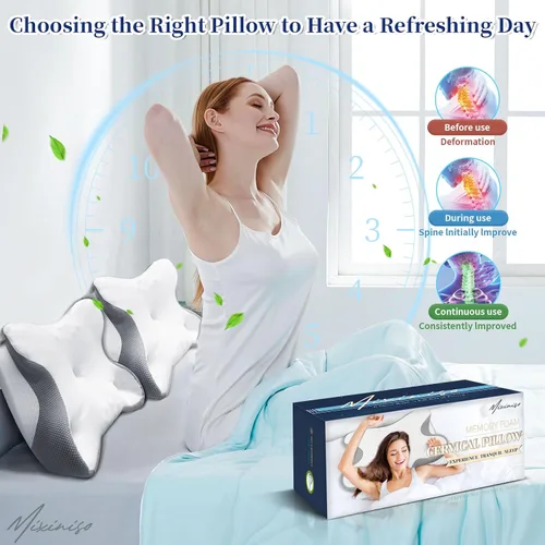 Miniatura 8 de Almohada cervical para aliviar el dolor de cuello, almohadas ergonómicas de contorno lateral para adultos, almohadas refrescantes de espuma Blanco