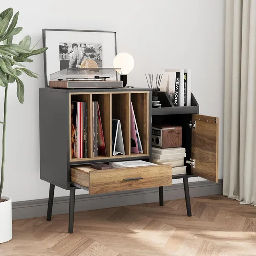 Miniatura 3 de Semiocthome Soporte para tocadiscos con caja de almacenamiento de vinilo anidable, mesa de tocadiscos con cajón, un gabinete, área de almacenamiento