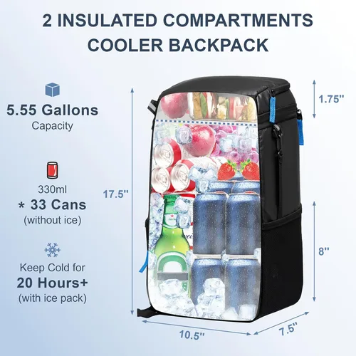 Miniatura 2 de SPARTER - Mochila enfriadora aislada a prueba de fugas para 33/49 latas, bolsa térmica con 2 compartimentos aislados, mochila de playa, viaje, Negro