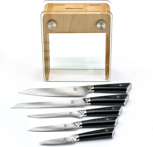 Miniatura 4 de Mercer Culinary Juego de cuchillos de 6 piezas de acero de alta calidad con soporte de bloque de vidrio/madera, asas G10