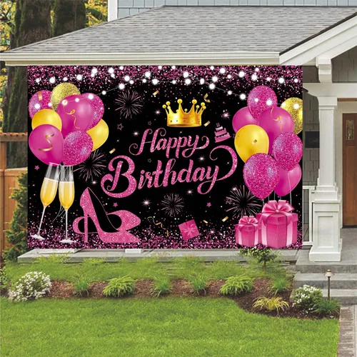 Miniatura 6 de 180x120 cm Telón de fondo brillante negro rosa intenso dorado para fiesta de cumpleaños, fondos de fotos, paño de 71x47 pulgadas, cartel de feliz