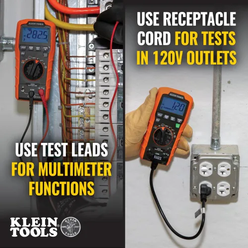 Miniatura 3 de Klein Tools ET270 Multímetro digital de rango automático, CA/CC, resistencia, continuidad, probador de receptáculo GFCI con cables de prueba y cable