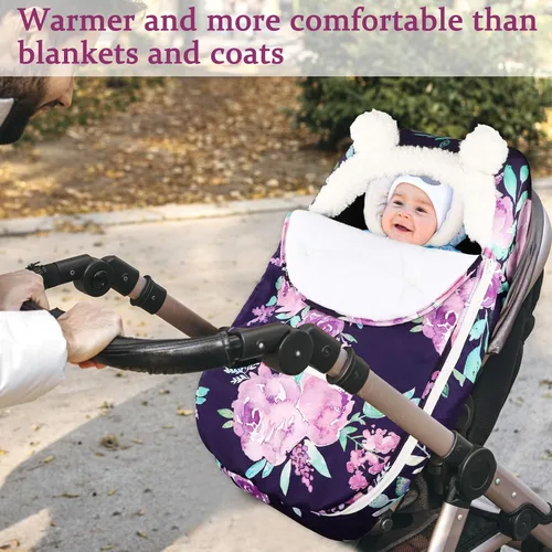 Miniatura 3 de Funda de asiento de automóvil de invierno para niñas, cubierta acogedora y cálida, toldo de asiento de automóvil infantil, ultra suave, Purple Flower