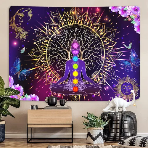 Miniatura 4 de YLPHYLIS Tapiz de árbol de la vida espiritual de chakras, 59.1 x 82.7 pulgadas, hippie yoga, meditación, luna y sol, para dormitorio, sala de estar