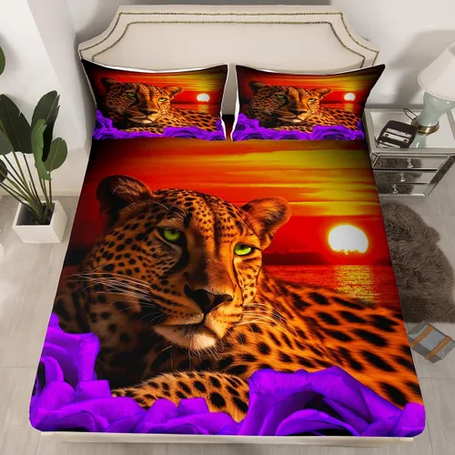 Miniatura 37 de Erosebridal Juego de sábanas bajeras de rosas rojas y leopardo, tamaño individual, diseño de animales africanos salvajes, diseño de plantas